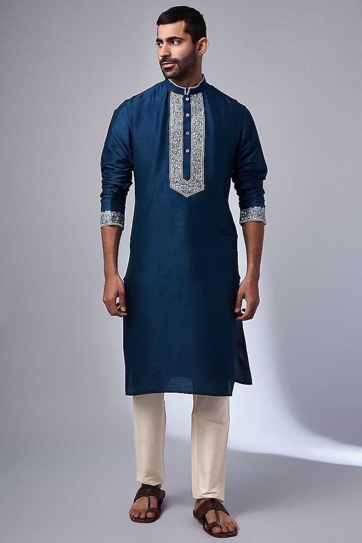 Blue Tussar Printed & Embroidered Handcrafted Kurta Set by SAMMOHAN