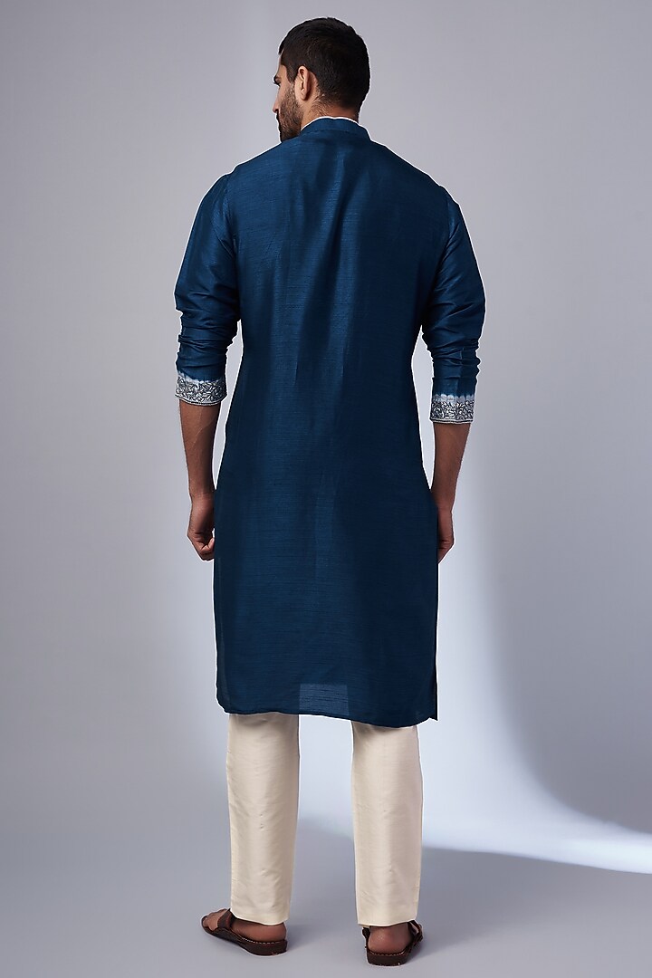 Blue Tussar Machine Embroidered Handcrafted Kurta Set by SAMMOHAN at Pernia's Pop Up Shop
