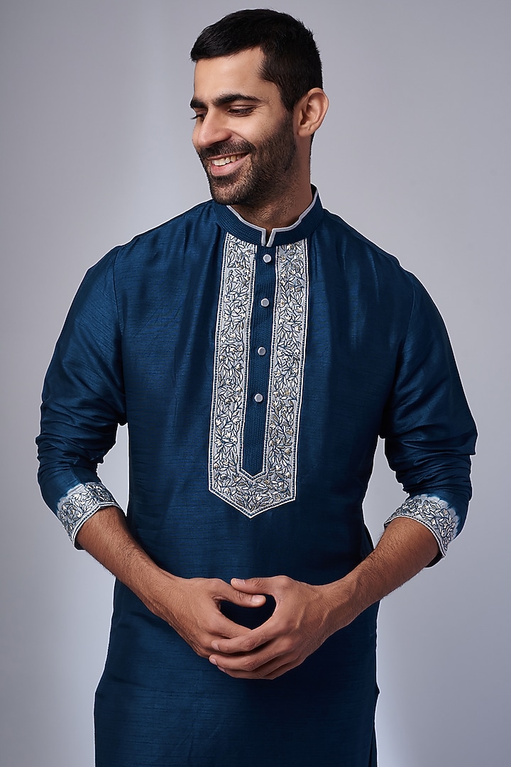 Blue Tussar Machine Embroidered Handcrafted Kurta Set by SAMMOHAN at Pernia's Pop Up Shop