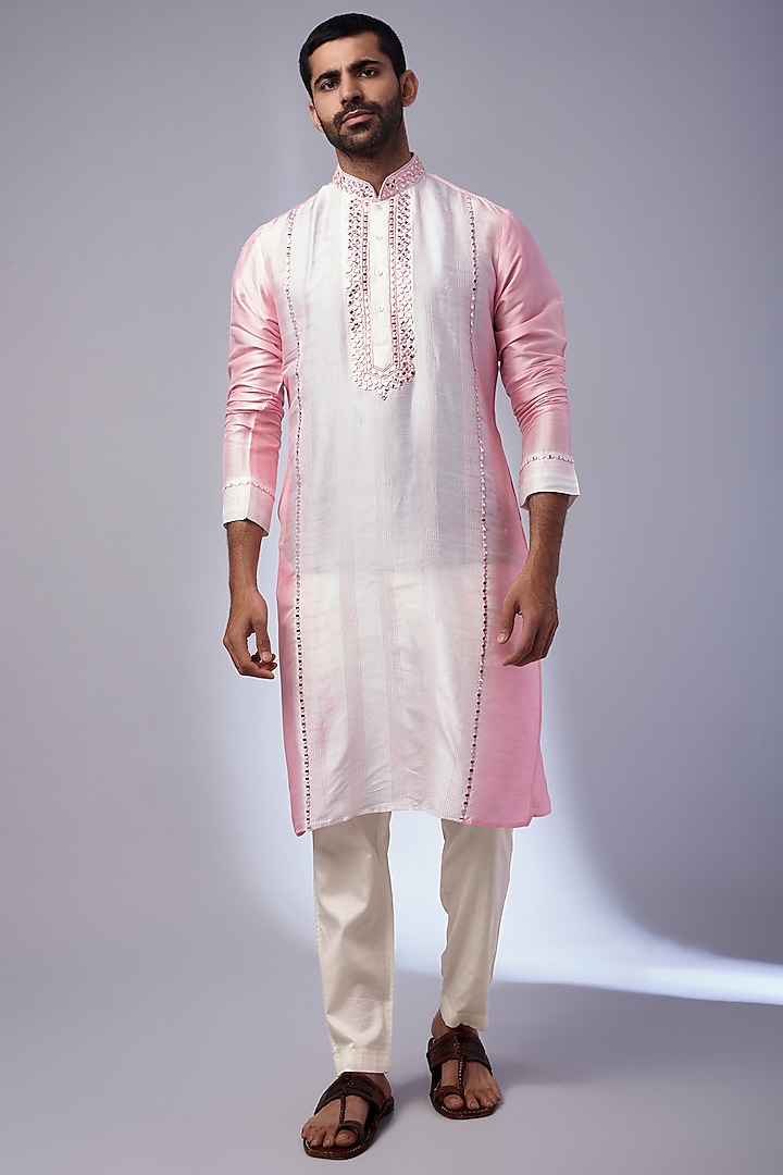 Baby Pink Tussar Printed & Embroidered Handcrafted Kurta Set by SAMMOHAN