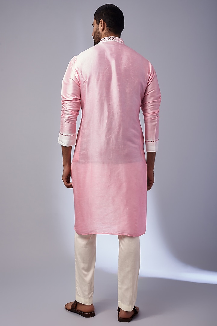 Baby Pink Tussar Shibori Printed Handcrafted Kurta Set by SAMMOHAN at Pernia's Pop Up Shop