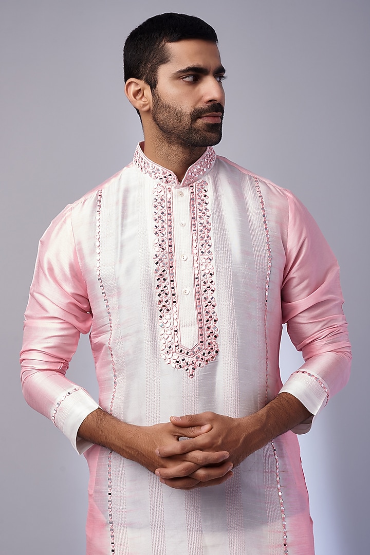 Baby Pink Tussar Shibori Printed Handcrafted Kurta Set by SAMMOHAN at Pernia's Pop Up Shop