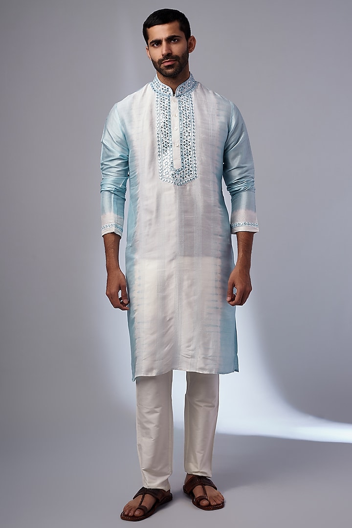 Light Blue Tussar Printed & Embroidered Handcrafted Kurta Set by SAMMOHAN