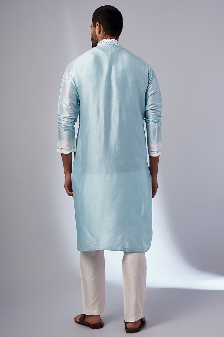 Light Blue Tussar Shibori Printed Handcrafted Kurta Set by SAMMOHAN at Pernia's Pop Up Shop