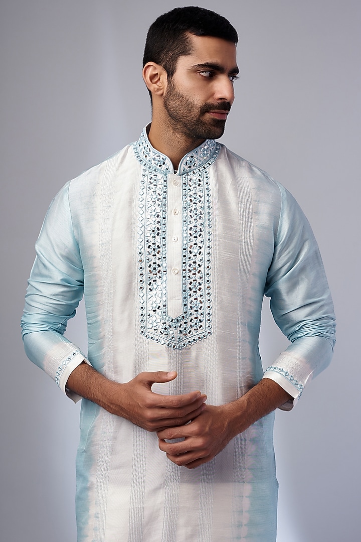 Light Blue Tussar Shibori Printed Handcrafted Kurta Set by SAMMOHAN at Pernia's Pop Up Shop