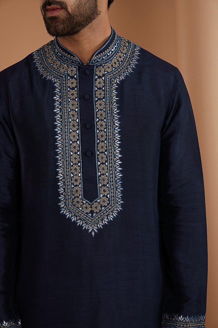 Blue Tussar Machine Embroidered Handcrafted Kurta Set by SAMMOHAN at Pernia's Pop Up Shop