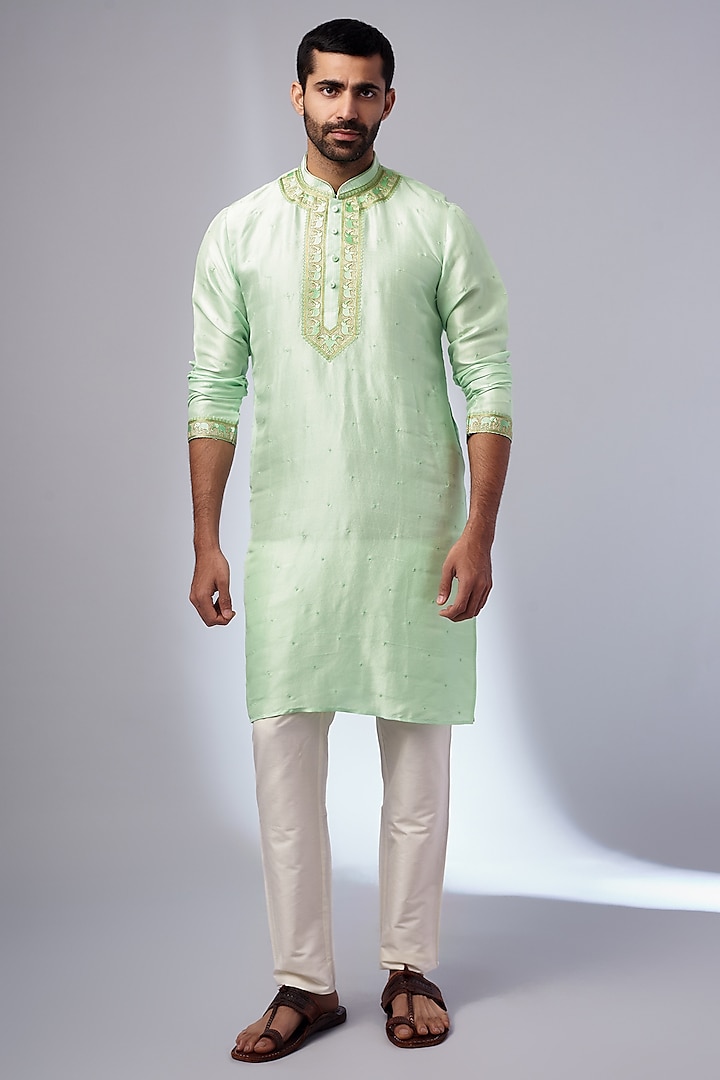 Mint Pure Silk Embroidered Handcrafted Kurta Set by SAMMOHAN