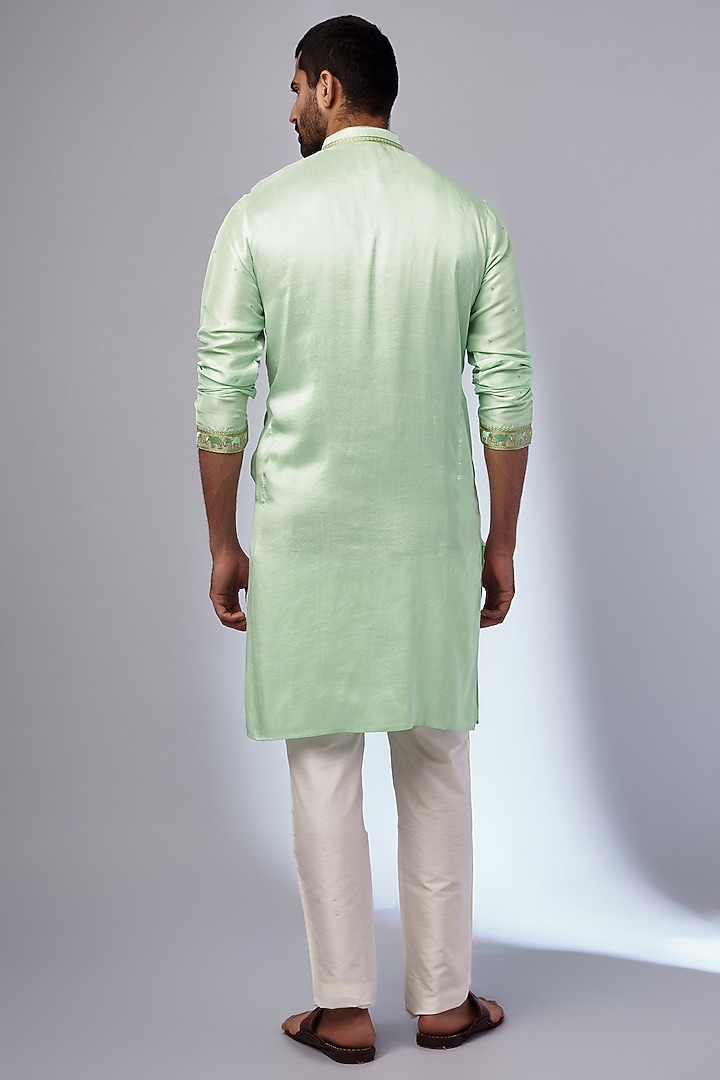 Mint Pure Silk Embroidered Handcrafted Kurta Set by SAMMOHAN at Pernia's Pop Up Shop