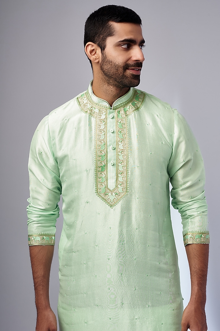 Mint Pure Silk Embroidered Handcrafted Kurta Set by SAMMOHAN at Pernia's Pop Up Shop