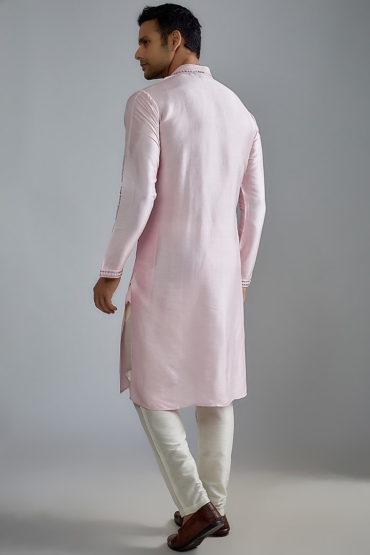 Pink Tussar Machine Embroidered Kurta Set by ALOUKIK at Pernia's Pop Up Shop