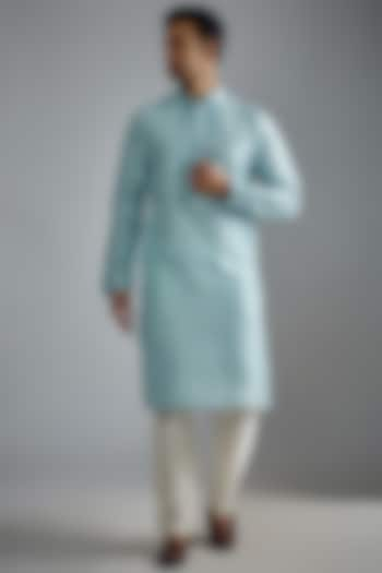 Blue Tussar Machine Embroidered Kurta Set by ALOUKIK