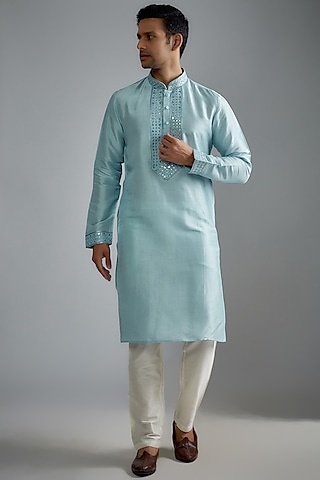 Blue Tussar Machine Embroidered Kurta Set by ALOUKIK