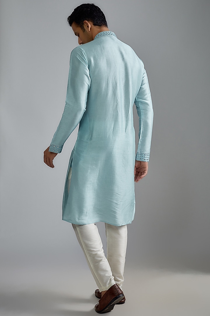 Blue Tussar Machine Embroidered Kurta Set by ALOUKIK at Pernia's Pop Up Shop