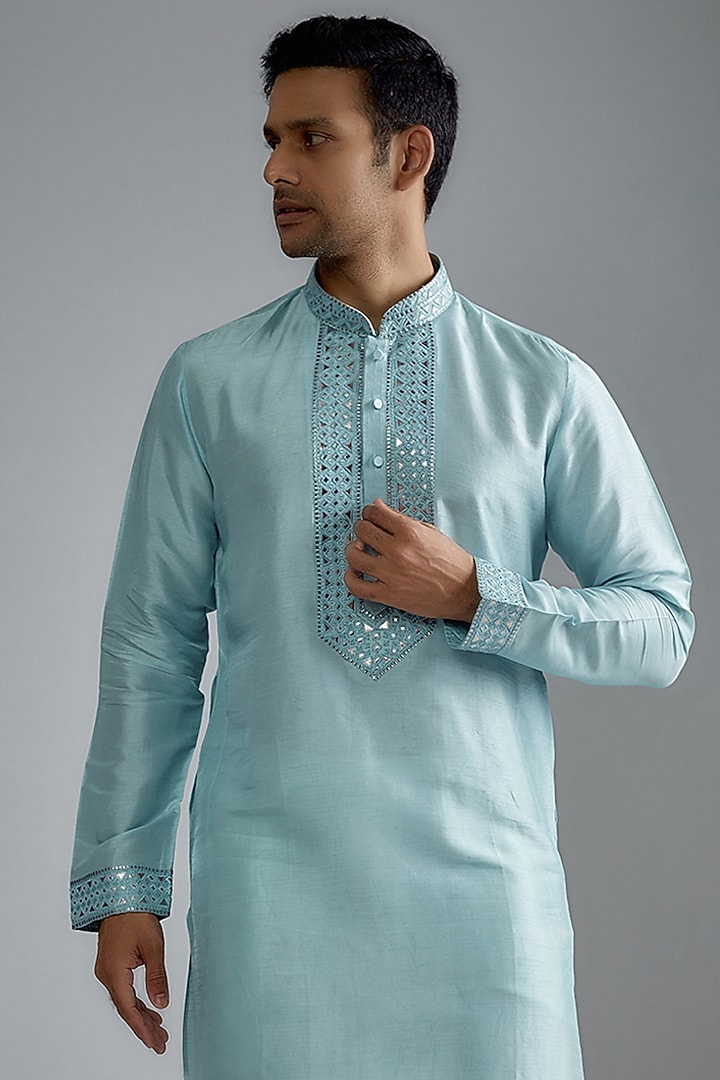Blue Tussar Machine Embroidered Kurta Set by ALOUKIK at Pernia's Pop Up Shop