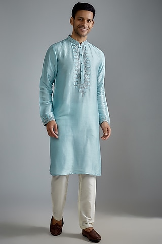 Blue Tussar Machine Embroidered Kurta Set by ALOUKIK