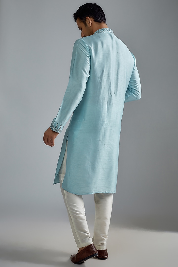 Blue Tussar Machine Embroidered Kurta Set by ALOUKIK at Pernia's Pop Up Shop