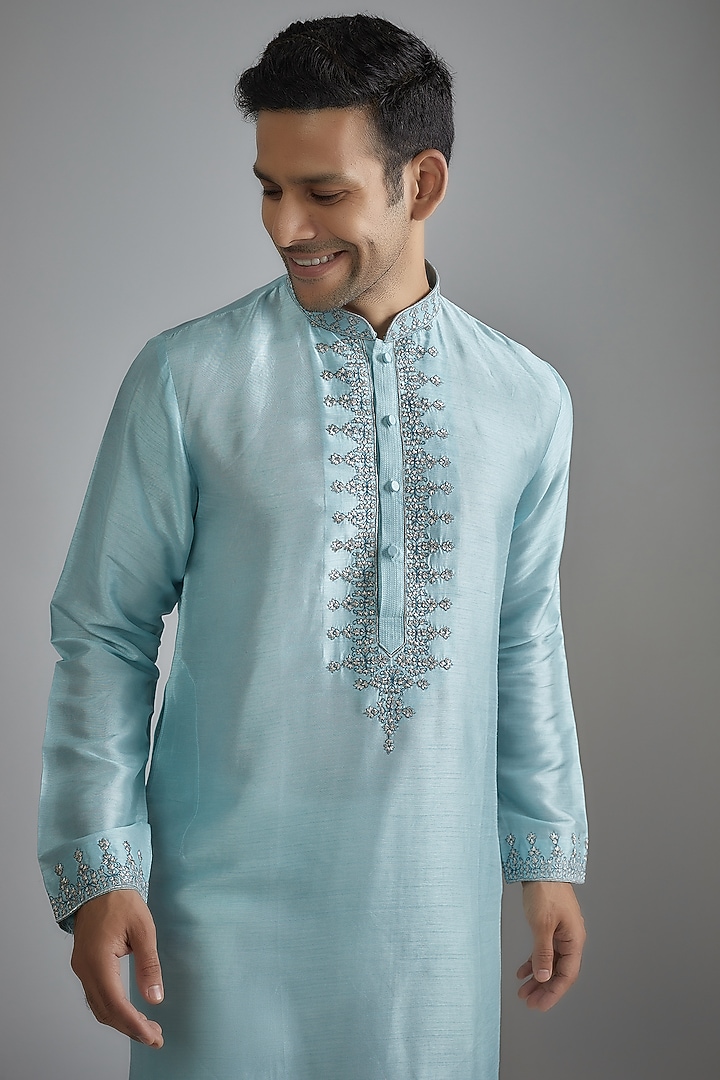 Blue Tussar Machine Embroidered Kurta Set by ALOUKIK at Pernia's Pop Up Shop