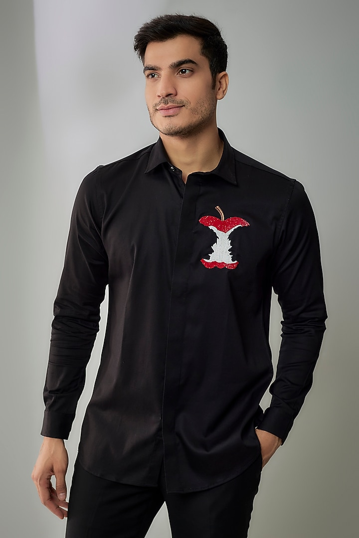 Black Cotton Lycra Aari Embroidered Handcrafted Party Wear Shirt by SAMMOHAN at Pernia's Pop Up Shop