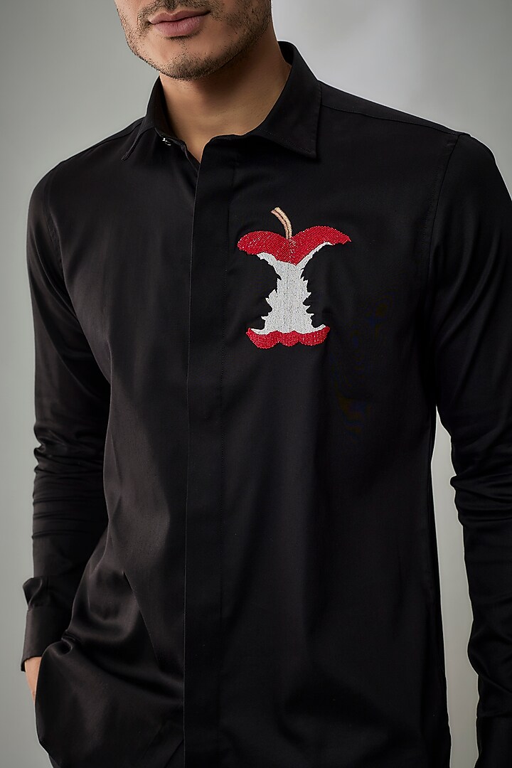 Black Cotton Lycra Aari Embroidered Handcrafted Party Wear Shirt by SAMMOHAN at Pernia's Pop Up Shop