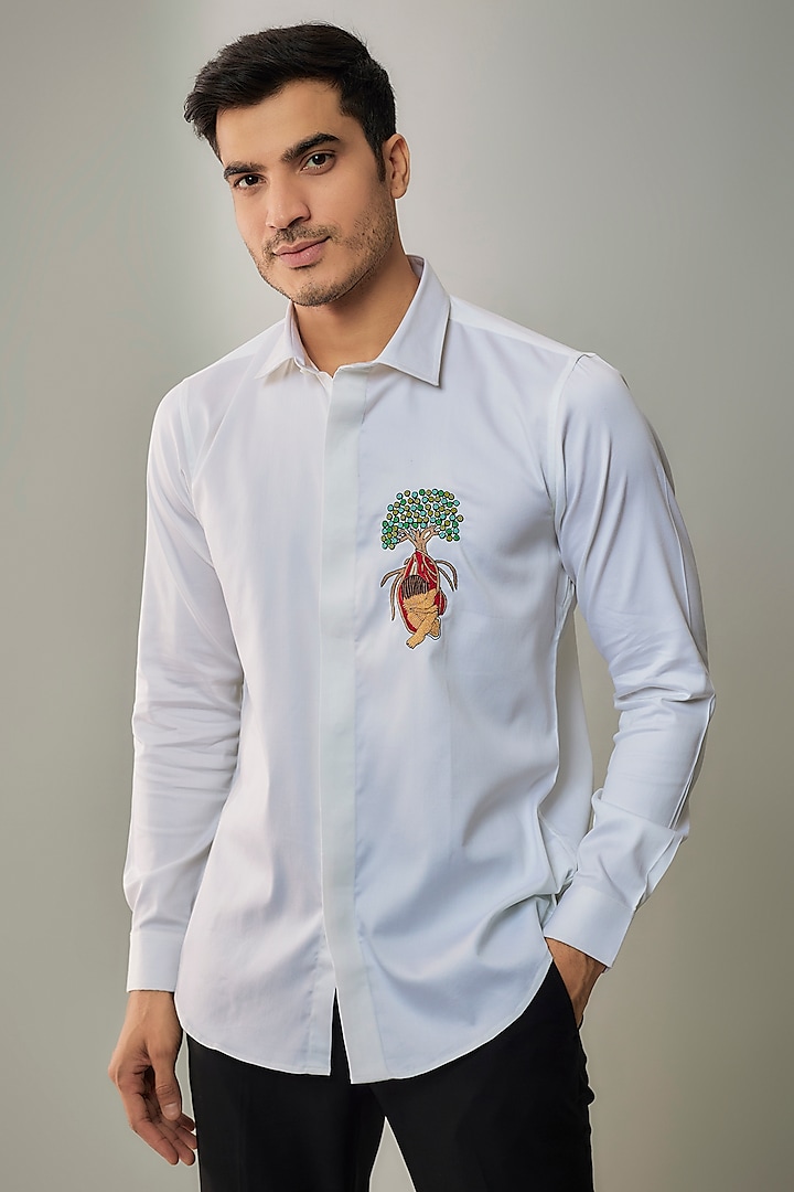 White Cotton Lycra Aari Embroidered Handcrafted Party Wear Shirt by SAMMOHAN at Pernia's Pop Up Shop