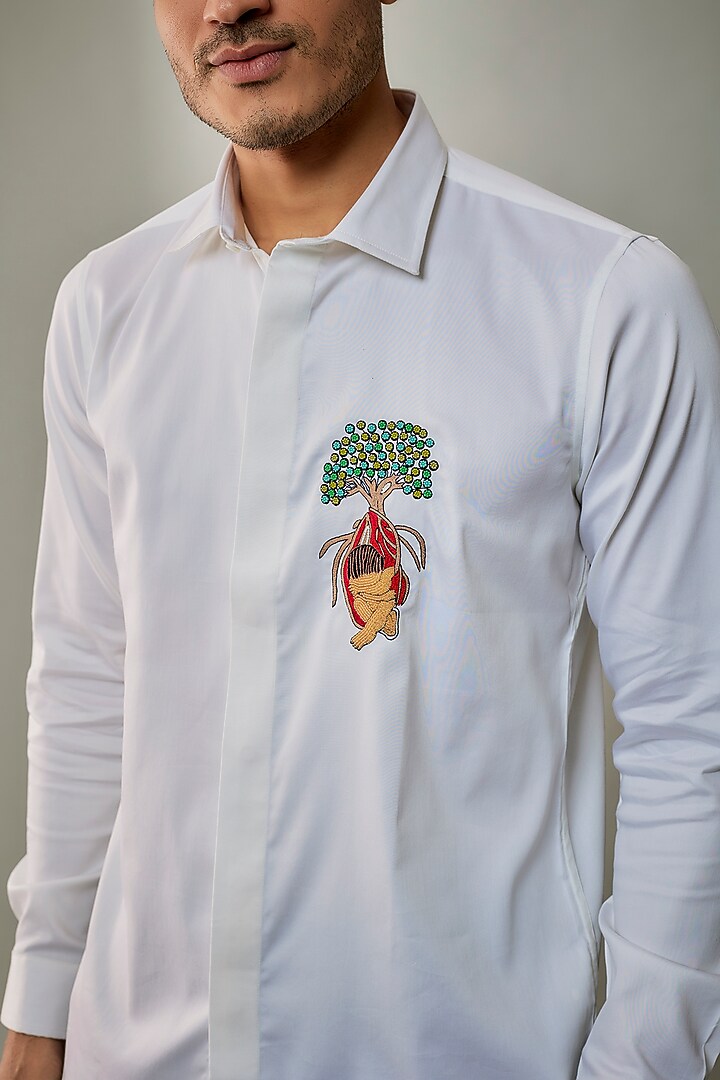 White Cotton Lycra Aari Embroidered Handcrafted Party Wear Shirt by SAMMOHAN at Pernia's Pop Up Shop