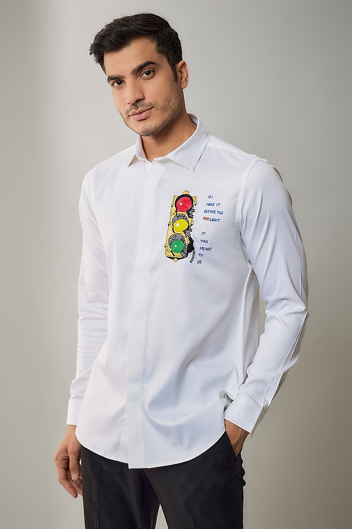 White Cotton Lycra Aari Embroidered Handcrafted Party Wear Shirt by SAMMOHAN at Pernia's Pop Up Shop