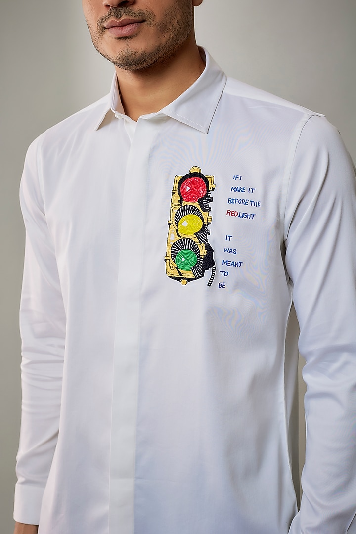 White Cotton Lycra Aari Embroidered Handcrafted Party Wear Shirt by SAMMOHAN at Pernia's Pop Up Shop