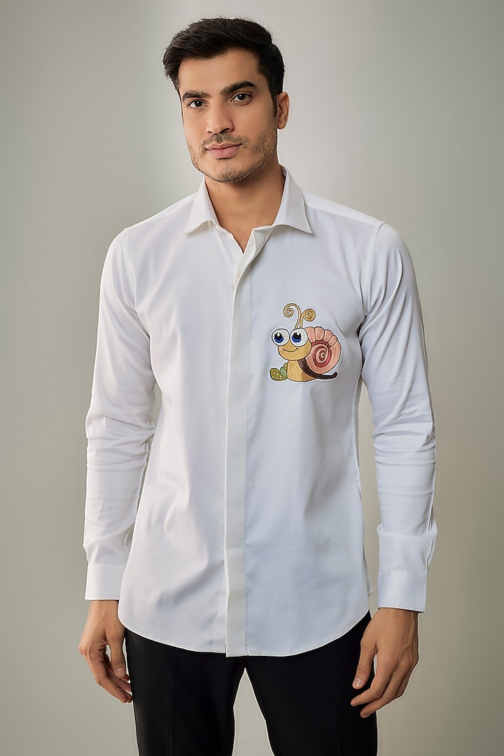 White Cotton Lycra Aari Embroidered Handcrafted Party Wear Shirt by SAMMOHAN at Pernia's Pop Up Shop