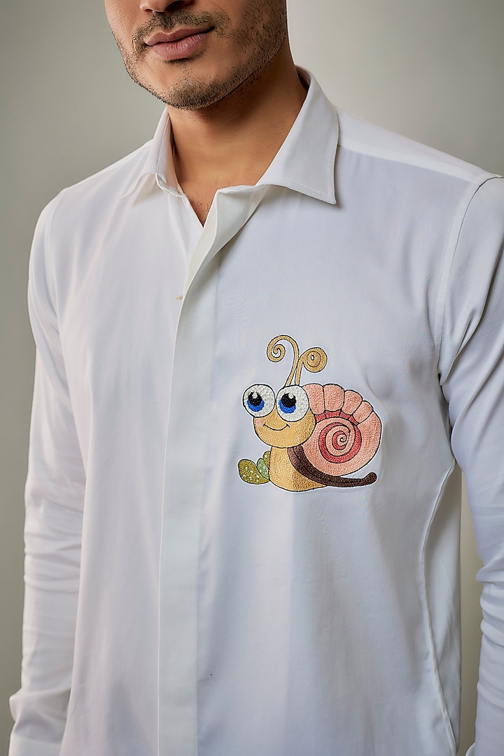 White Cotton Lycra Aari Embroidered Handcrafted Party Wear Shirt by SAMMOHAN at Pernia's Pop Up Shop