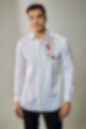 White Cotton Lycra Aari Embroidered Handcrafted Party  start Shirt by SAMMOHAN at Pernia's Pop Up Shop