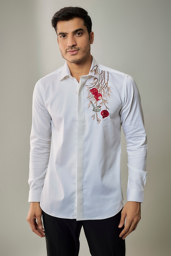 White Cotton Lycra Aari Embroidered Handcrafted Party  start Shirt by SAMMOHAN at Pernia's Pop Up Shop