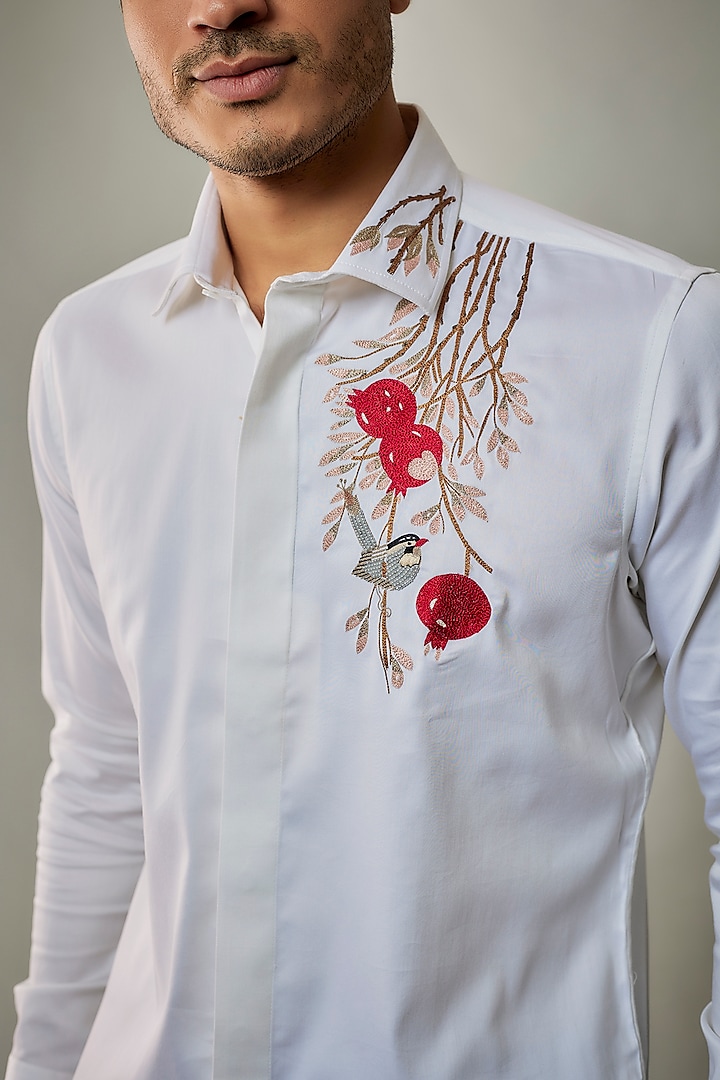 White Cotton Lycra Aari Embroidered Handcrafted Party Wear Shirt by SAMMOHAN at Pernia's Pop Up Shop