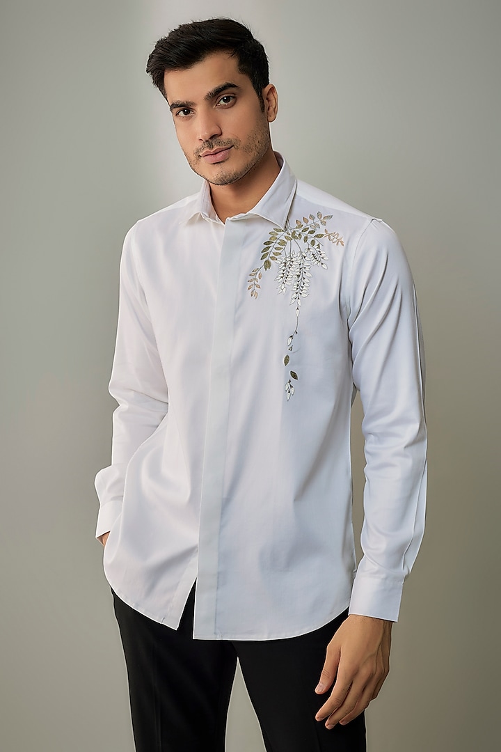 White Cotton Lycra Aari Embroidered Handcrafted Shirt by SAMMOHAN