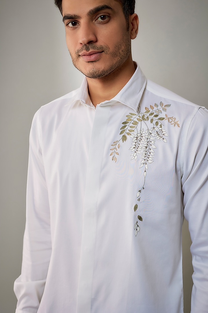 White Cotton Lycra Aari Embroidered Handcrafted Party Wear Shirt by SAMMOHAN at Pernia's Pop Up Shop