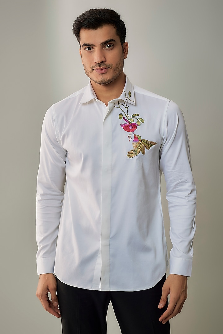 White Cotton Lycra Aari Embroidered Handcrafted Party Wear Shirt by SAMMOHAN at Pernia's Pop Up Shop