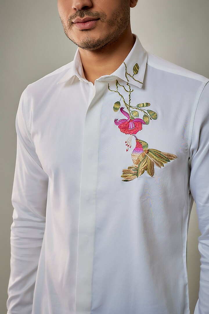 White Cotton Lycra Aari Embroidered Handcrafted Party Wear Shirt by SAMMOHAN at Pernia's Pop Up Shop