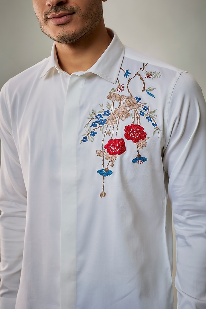 White Cotton Lycra Aari Embroidered Handcrafted Party Wear Shirt by SAMMOHAN at Pernia's Pop Up Shop