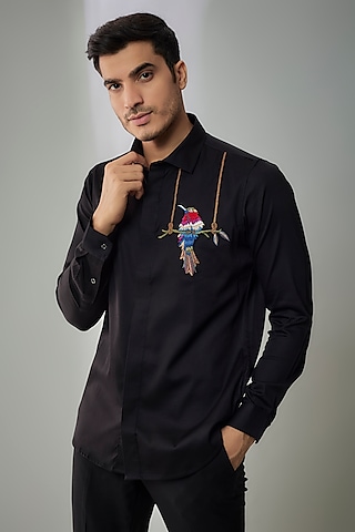 Black Cotton Lycra Aari Embroidered Handcrafted Shirt by SAMMOHAN