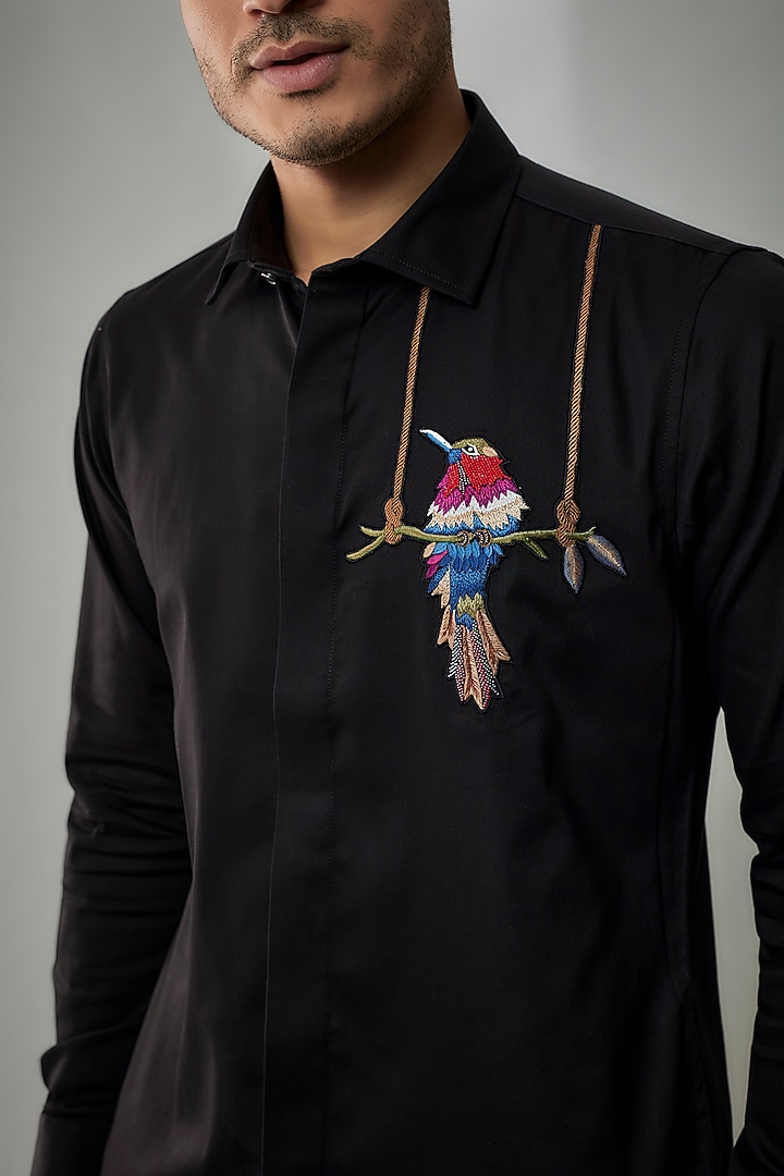 Black Cotton Lycra Aari Embroidered Handcrafted Party Wear Shirt by SAMMOHAN at Pernia's Pop Up Shop