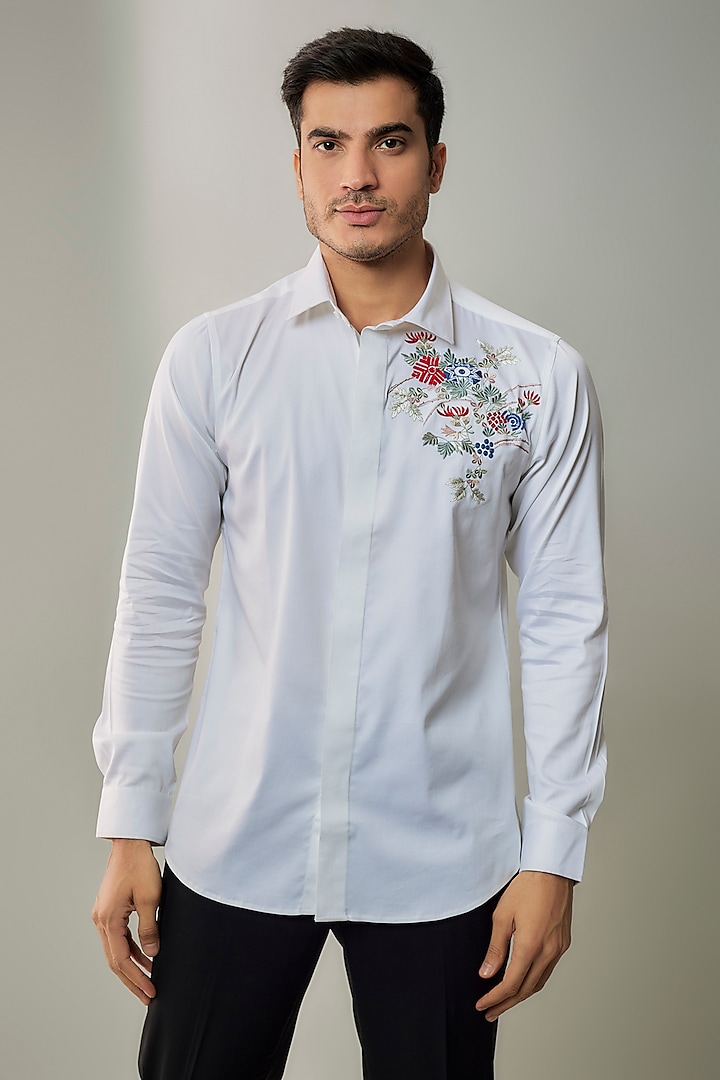 White Cotton Lycra Aari Embroidered Handcrafted Shirt by SAMMOHAN at Pernia's Pop Up Shop