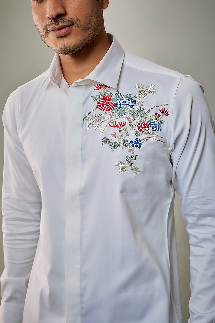 White Cotton Lycra Aari Embroidered Handcrafted Party Wear Shirt by SAMMOHAN at Pernia's Pop Up Shop