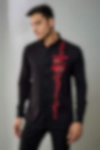 Black Cotton Lycra Aari Embroidered Handcrafted Party Wear Shirt by SAMMOHAN at Pernia's Pop Up Shop