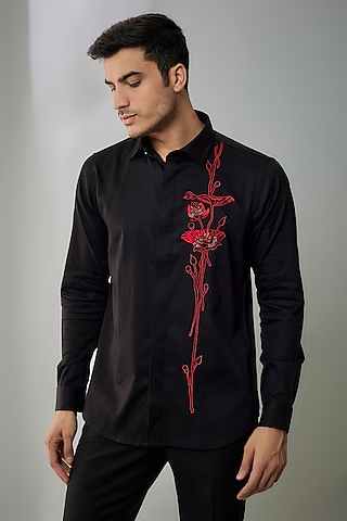 Black Cotton Lycra Aari Embroidered Handcrafted Shirt by SAMMOHAN
