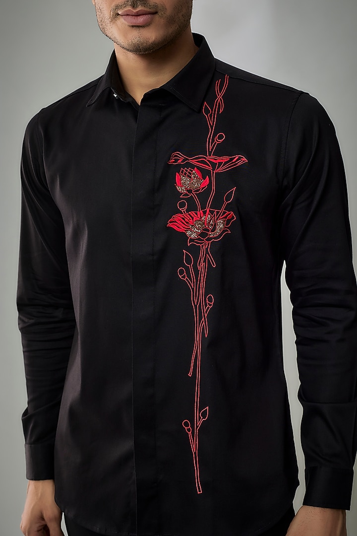 Black Cotton Lycra Aari Embroidered Handcrafted Party Wear Shirt by SAMMOHAN at Pernia's Pop Up Shop