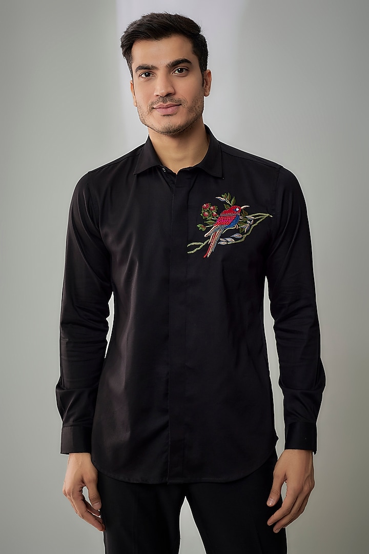 Black Cotton Lycra Aari Embroidered Handcrafted Shirt by SAMMOHAN