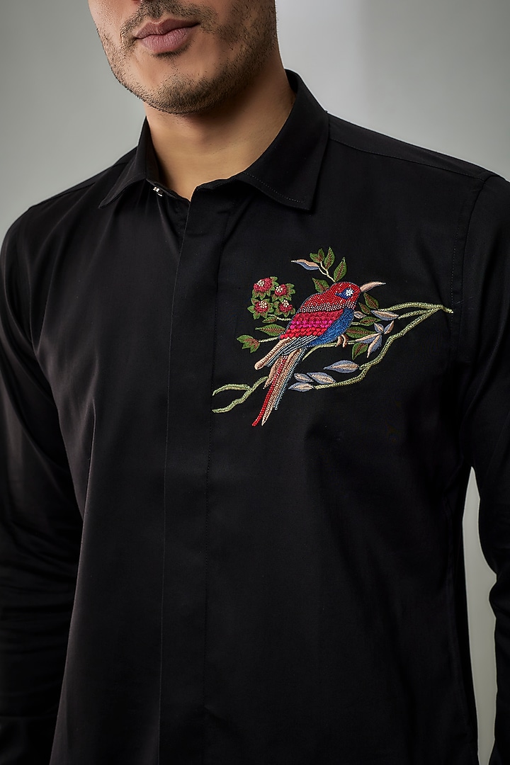 Black Cotton Lycra Aari Embroidered Handcrafted Party Wear Shirt by SAMMOHAN at Pernia's Pop Up Shop