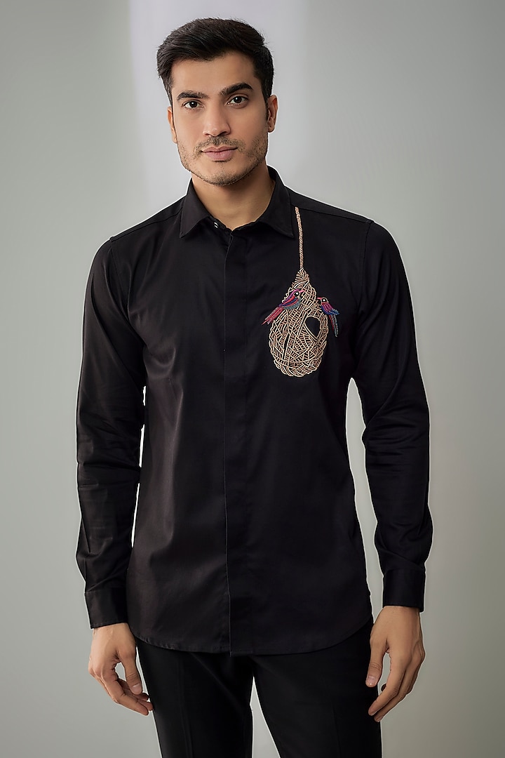 Black Cotton Lycra Aari Embroidered Handcrafted Party Wear Shirt by SAMMOHAN at Pernia's Pop Up Shop