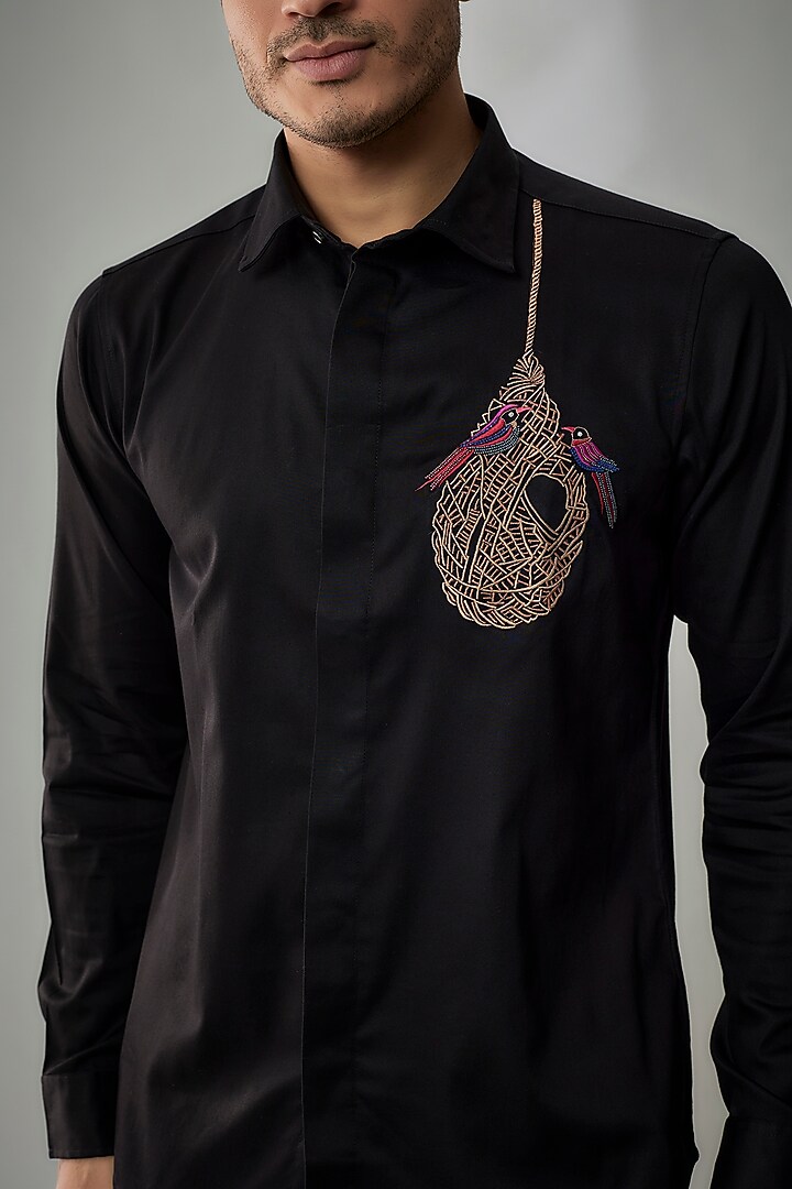 Black Cotton Lycra Aari Embroidered Handcrafted Party Wear Shirt by SAMMOHAN at Pernia's Pop Up Shop