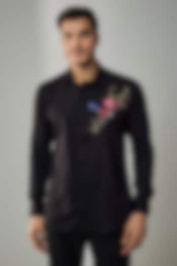 Black Cotton Lycra Aari Embroidered Handcrafted Party Wear Shirt by SAMMOHAN at Pernia's Pop Up Shop