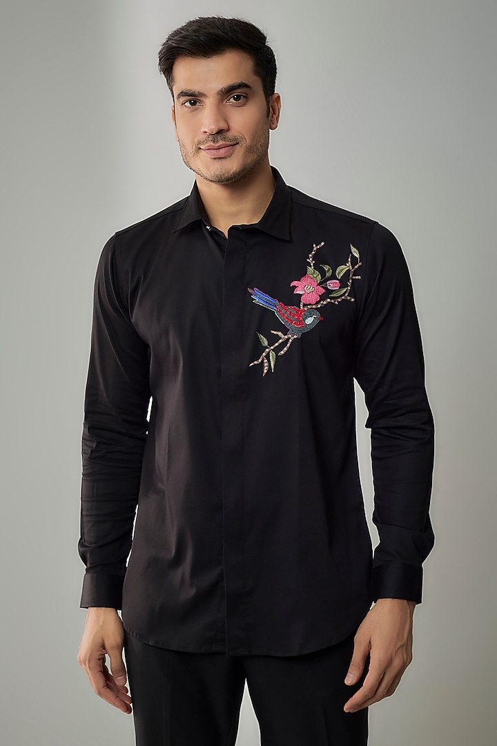 Black Cotton Lycra Aari Embroidered Handcrafted Party Wear Shirt by SAMMOHAN at Pernia's Pop Up Shop